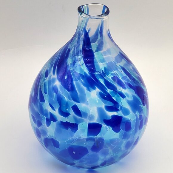 None Other - FINAL CLEARANCE Art Glass Blue Shades Confetti Bud Vase Bulbous Teardrop 6" High